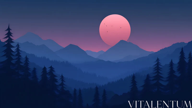 Gentle pink moon rising over peaceful twilight mountainscape.