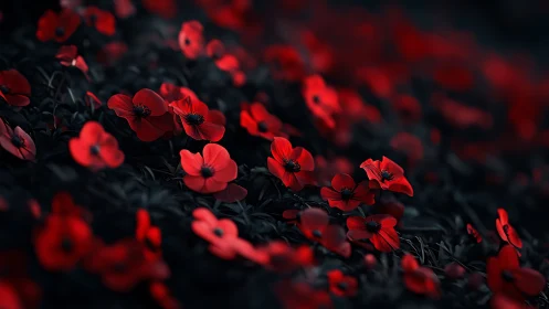 Red Poppies Against Black Foliage in Selective Focus