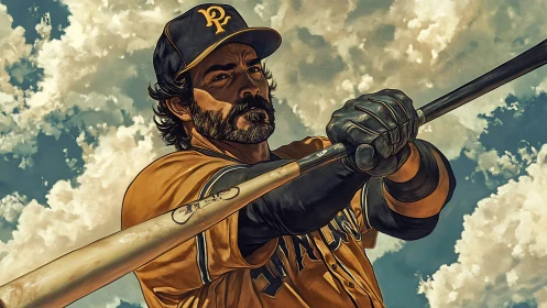 Power hitter readies swing under dramatic clouded sky.