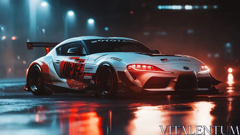 Modified white sports coupe on wet city street at night.