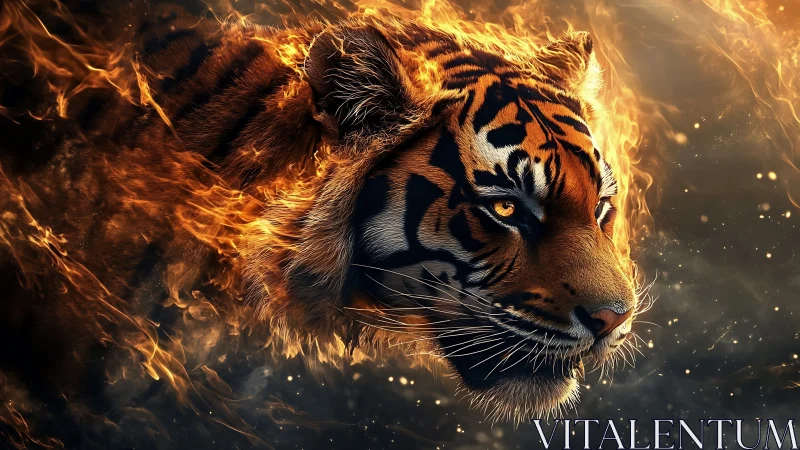 Fiery tiger portrait ignites darkness with blazing intensity.