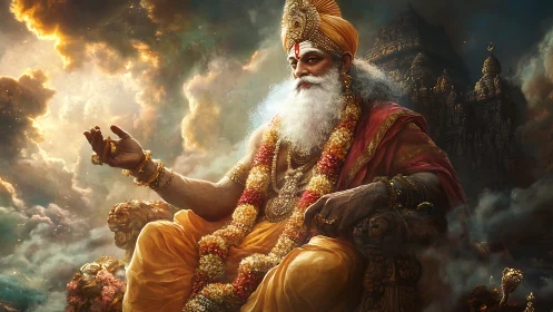 Regal bearded sage seated on ornate throne in clouds.