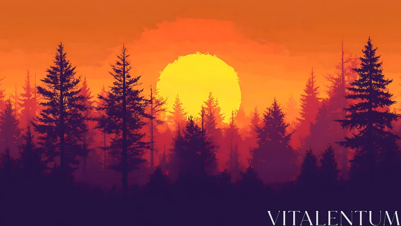 Silhouetted conifer forest against large orange sunset sky.