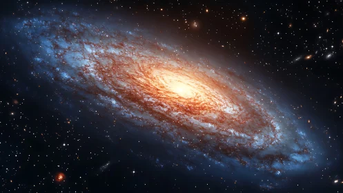 Edge-on spiral galaxy with luminous core and dust-lane vortices.