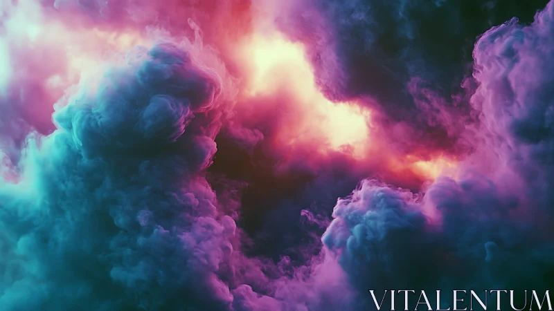Colored volumetric clouds form dense abstract nebula field