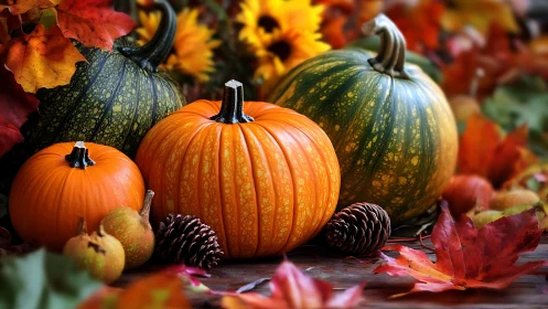 Photorealistic autumn still life with pumpkins and foliage.