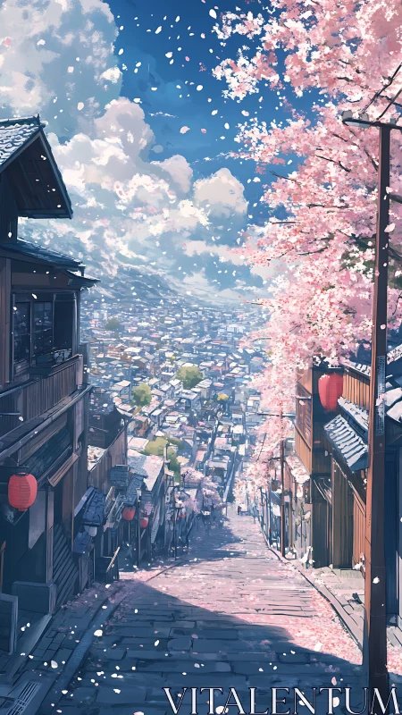 Steep stone alley descending through cherry blossom lined hill