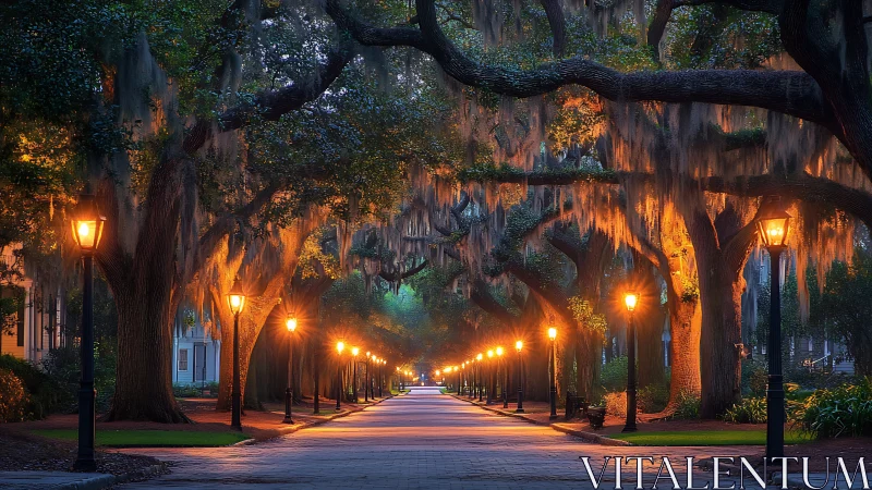 Golden lanterns under moss-draped oaks at evening hush.