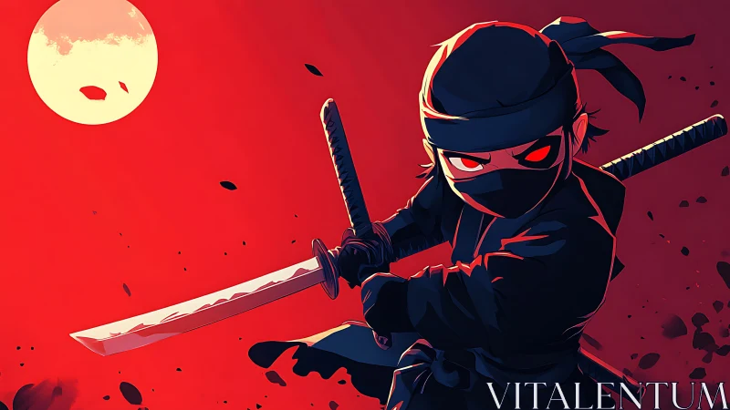 Cel-shaded chibi ninja brandishes katana against crimson moon