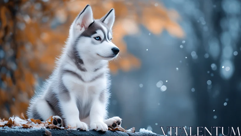 Husky puppy sitting outdoors on a cold autumn day.