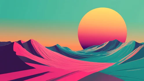 Neon dunes flow beneath a surreal gradient sunset orb.