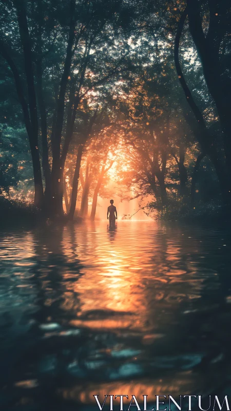 Backlit figure in flooded forest corridor with volumetric light.