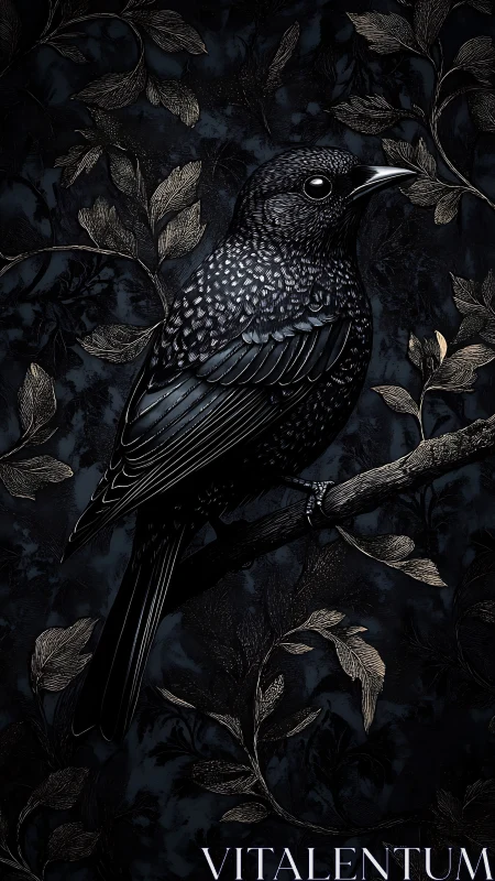 Dark Starling Perched Among Golden Foliage.