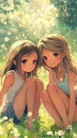 Sunlit summer friendship shared in a meadow of wildflowers.