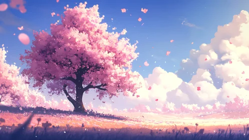 Blossom clouds drift while a lone sakura tree conducts spring