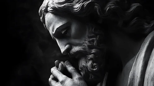 Chiaroscuro stone effigy in contemplative anatomical profile.