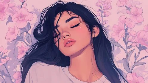 Digital portrait of woman with long hair amid pink flowers.