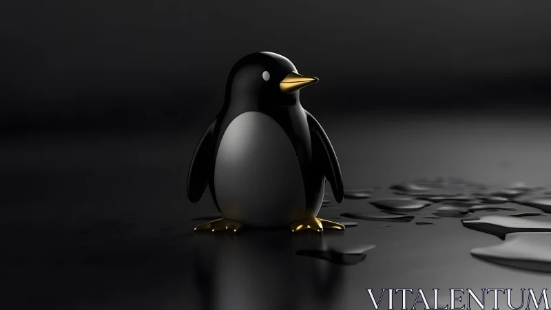 Glossy 3D Penguin Figurine on Dark Surface, Minimalist Style.