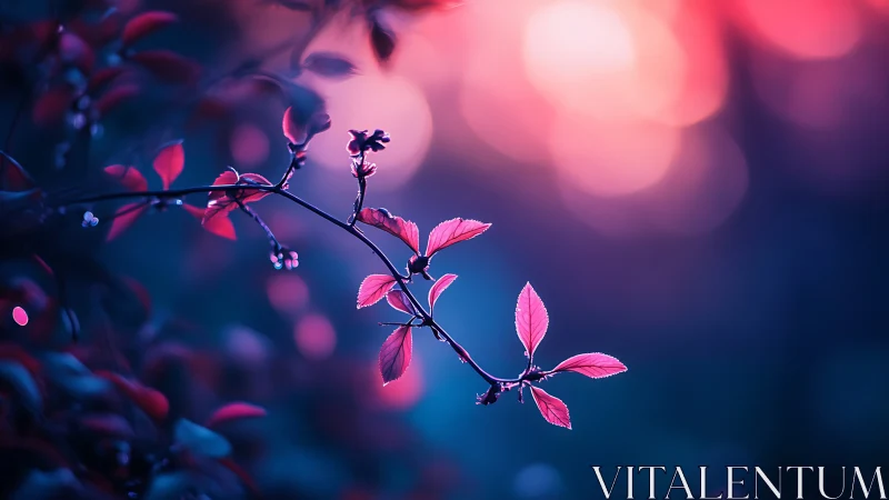 Neon pink leaves glow against dreamy violet bokeh background.