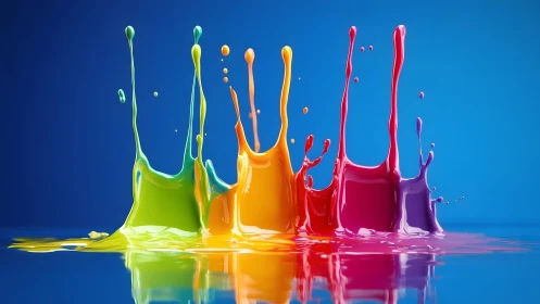 Vibrant Splashes of Colorful Paint Against a Blue Background.