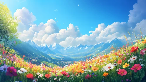 Vibrant alpine wildflower meadow under bright blue sky.