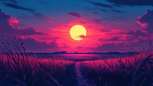 Digital painting sunset path with neon celestials and grasses.