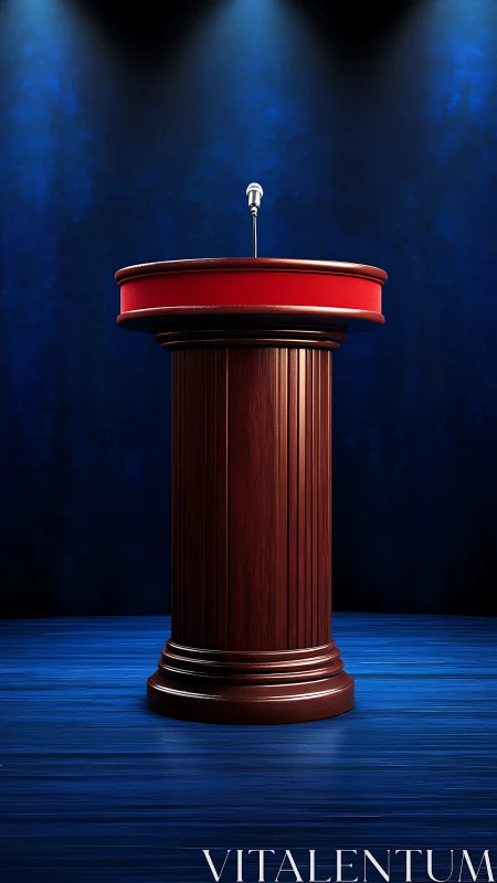 Spotlit red podium awaits a speech on deep blue stage.