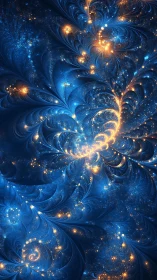 Fractal nebula swirl with glowing blue and gold light forms.