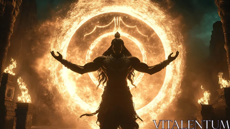 Silhouetted deity before concentric fiery vortex gateway.