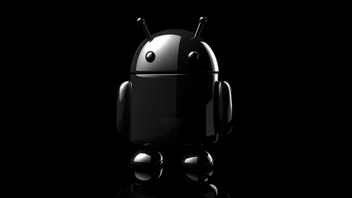Glossy black robot mascot on reflective dark surface.