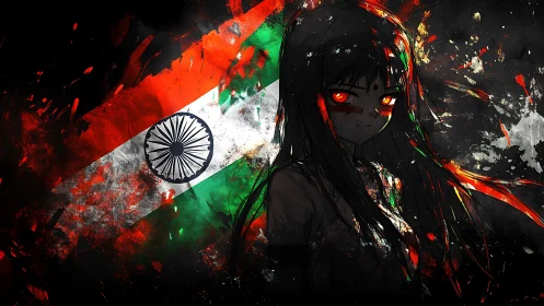 Dark anime girl against grunge Indian flag backdrop.