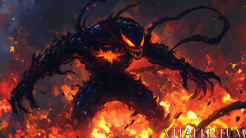 Demonic fire creature strides through raging inferno of chaos.