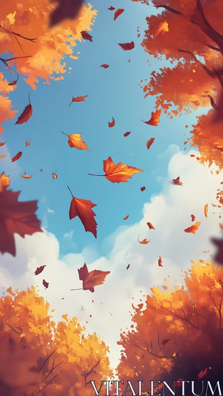 Autumn leaves drifting under bright blue sky view.