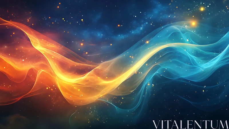 Cosmic energy ribbons merge in luminous nebula field.