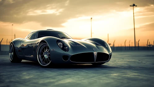 Low-angle view shows sleek silver supercar on racetrack at dusk