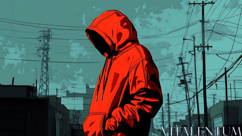 Hooded figure in red jacket stands in stark urban street scene.