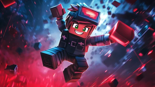 Block-style character in dynamic red and blue digital scene.