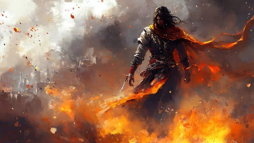 Lone warrior strides through blazing ruins in stormy smoke