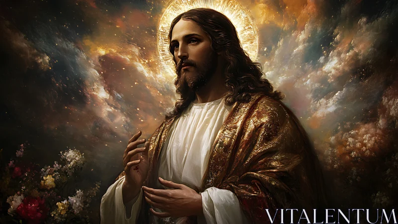 Luminous haloed figure in gilded robe amid turbulent nebulae.