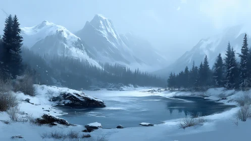 Frozen alpine lake under misty snow covered peaks.