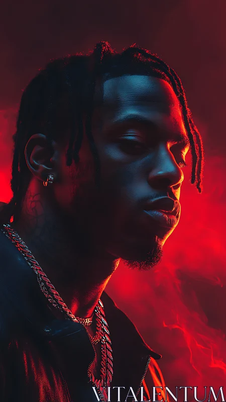 Side profile portrait in red and blue dramatic lighting.