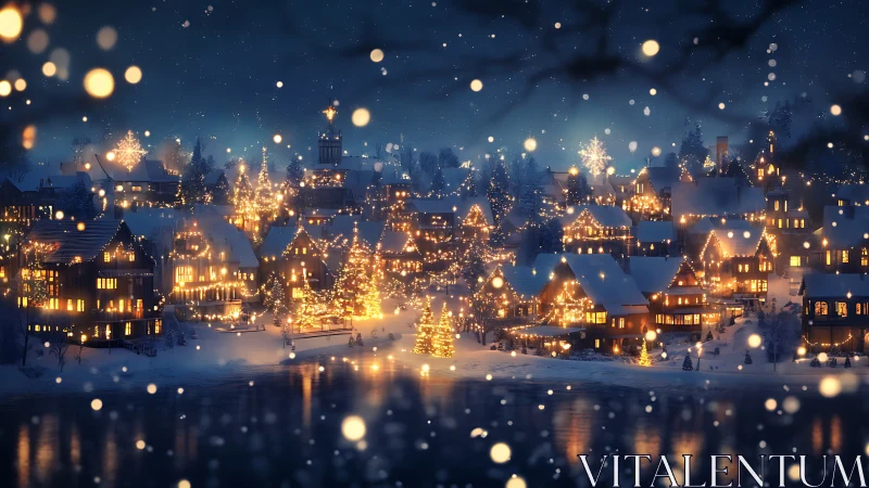 Lantern-lit winter village humming under midnight snowfall.