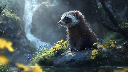 Young ferret beside waterfall in luminous forest glade.