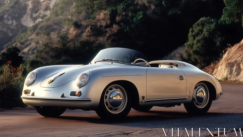 Sunlit classic roadster on winding mountain pass at dusk.