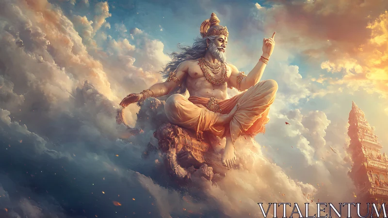 Celestial sage in dynamic cloud stratum with radiant temple vista.