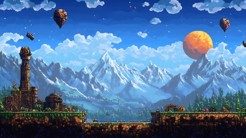 Pixel-art mountain landscape integrates steampunk tower and floating isles