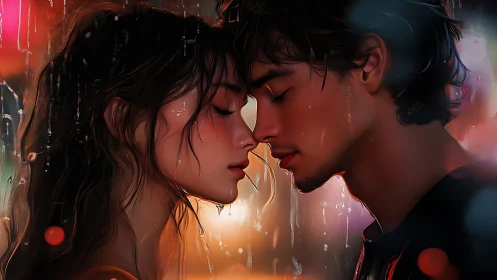 Two souls embrace through rainfall's golden glow