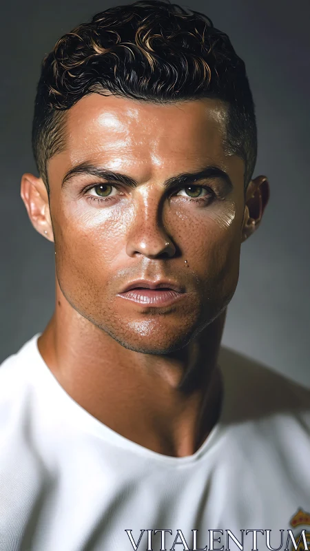 Intense male portrait under sharp studio lighting.