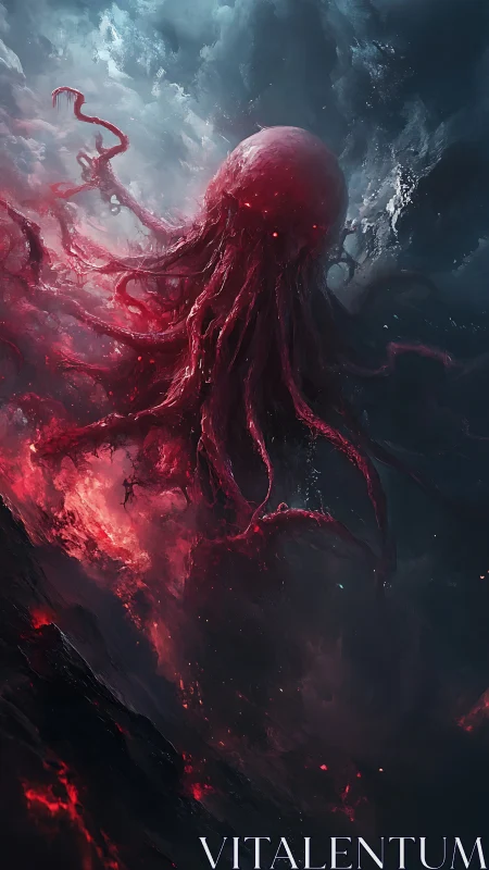 Eldritch crimson leviathan rising through storm-torn abyss.