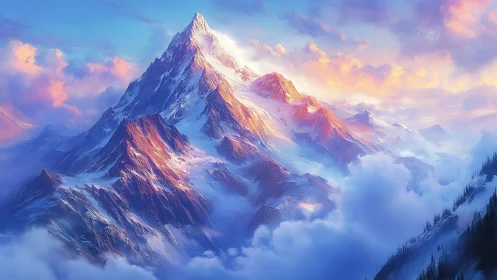 Sunlit mountain peaks glowing softly above dreamy clouds.